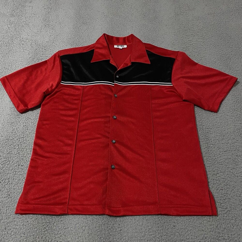 Vintage Spike Shirt Mens Medium Red Bowling Rockabilly Black Button Short Sleeve